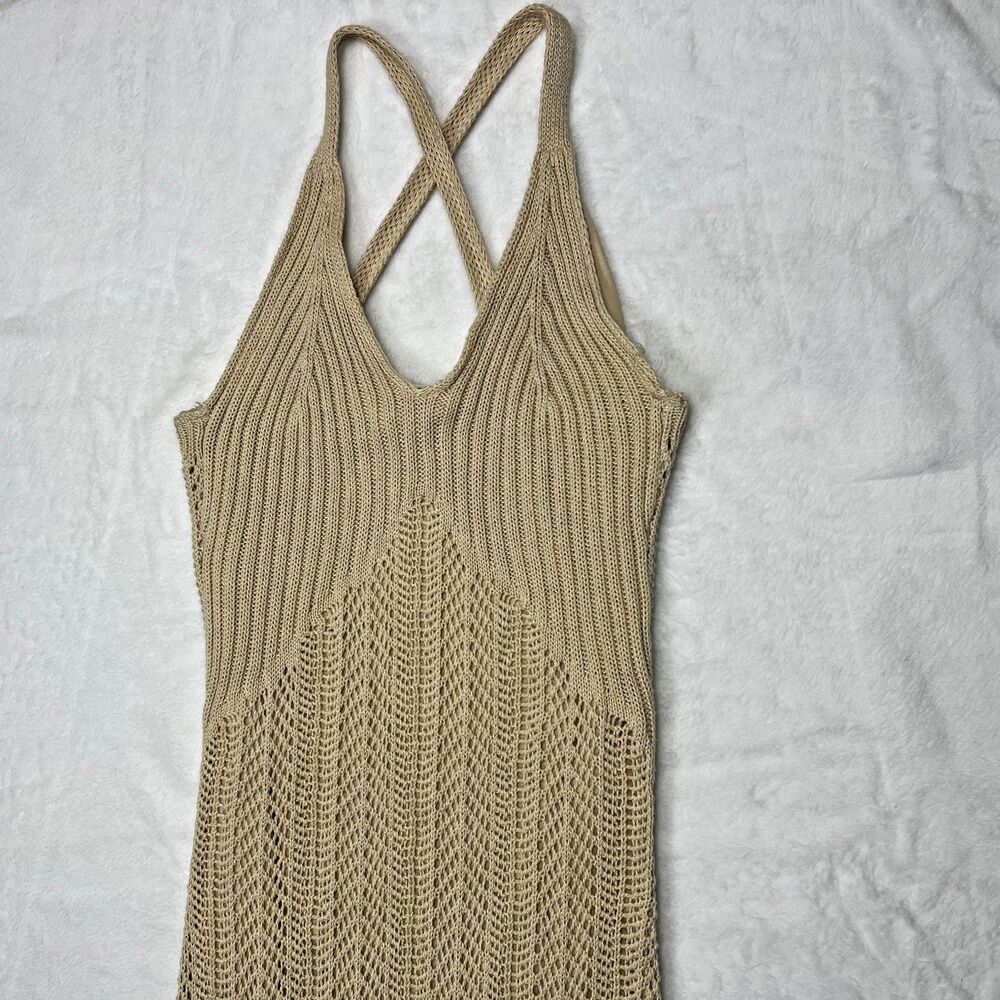Freshman 1996 Cream Crochet Knit Maxi Dress XS Lined Stretch Boho Chic Coastal